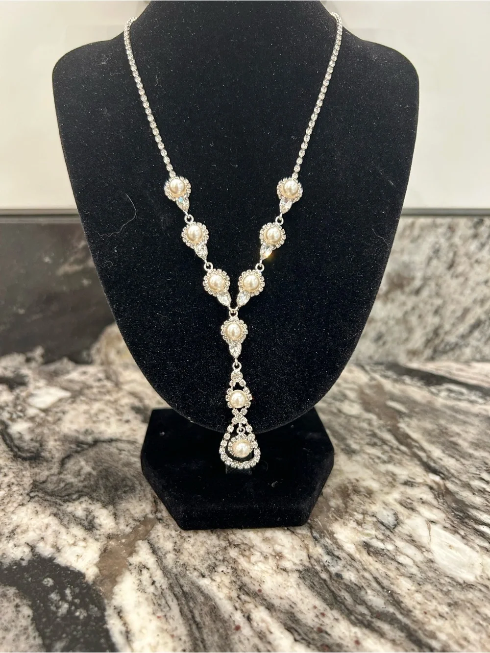 Pearl and Crystal Y-Drop Necklace - Silver Tone Sensitive Skin